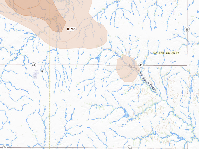 Radar-estimated hail-size map of the storm over Milligan, NE on Aug 19, 2026