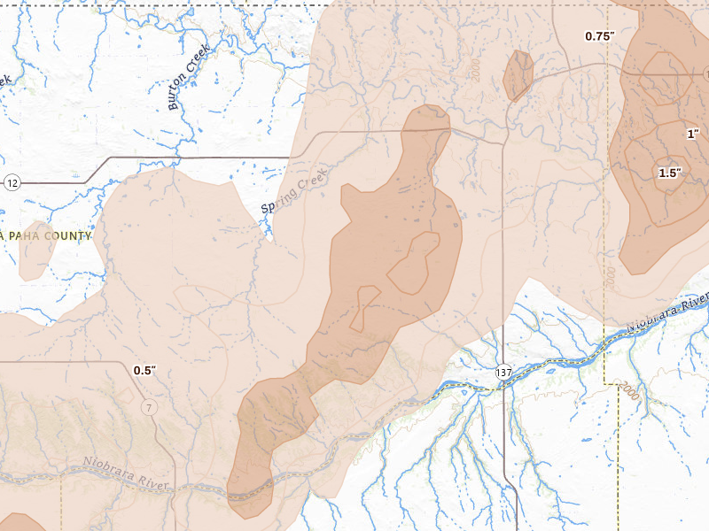 Radar-estimated hail-size map of the storm over Mills, NE on Jun 30, 2026