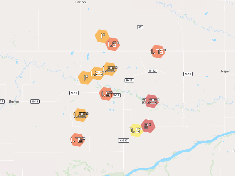 Hail map of Mills, NE on Jul 1, 2026, hail up to 2.25"