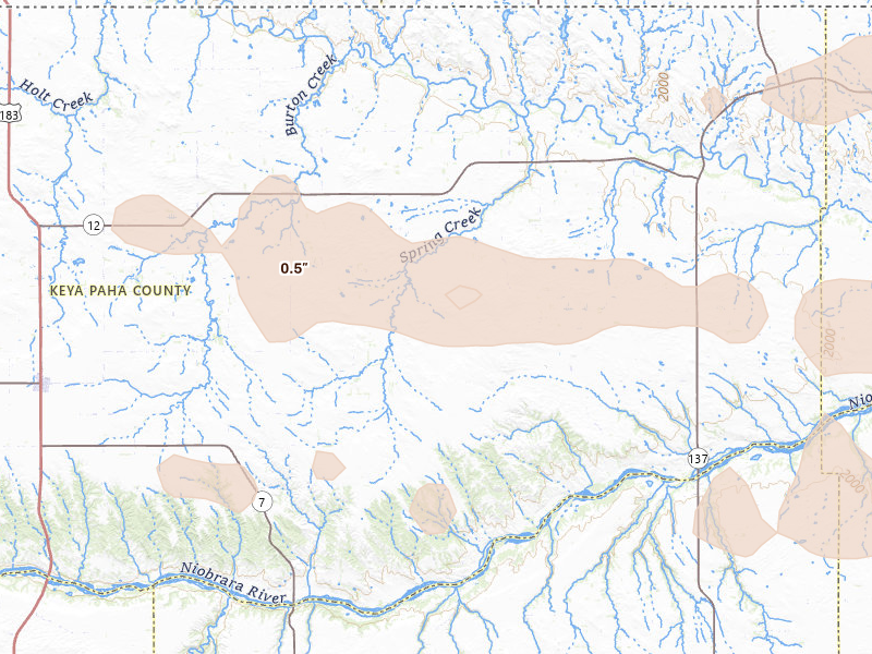 Radar-estimated hail-size map of the storm over Mills, NE on Aug 3, 2026