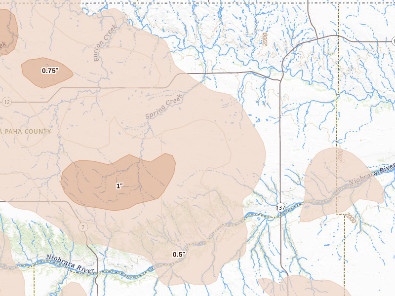 Radar-estimated hail-size map of the storm over Mills, NE on Aug 11, 2026