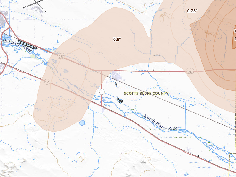 Radar-estimated hail-size map of the storm over Minatare, NE on Jun 8, 2026