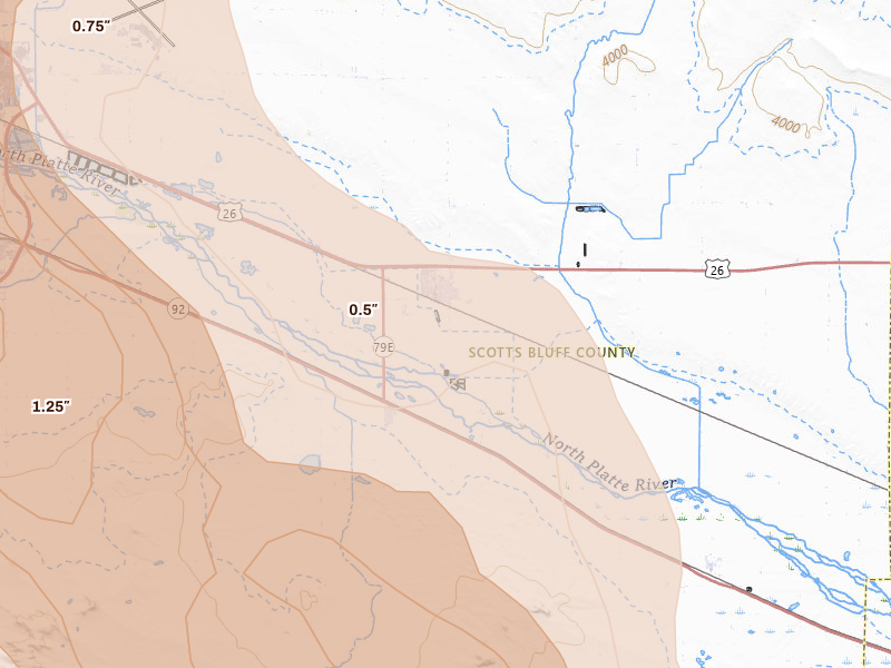 Radar-estimated hail-size map of the storm over Minatare, NE on Jun 22, 2026