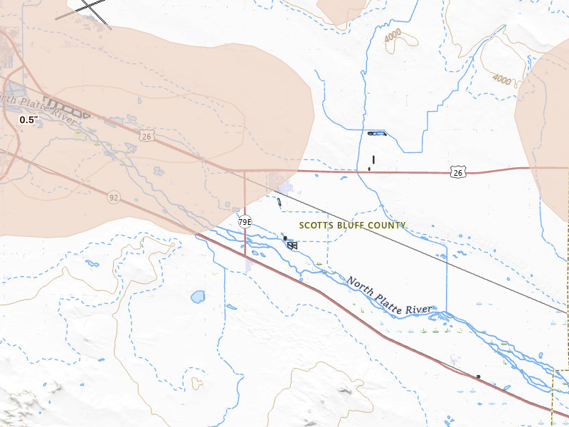 Radar-estimated hail-size map of the storm over Minatare, NE on Jun 26, 2026