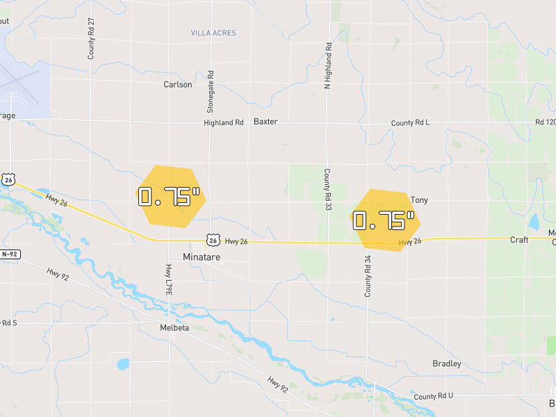 Hail map of Minatare, NE on Jun 26, 2026, hail up to 0.75"