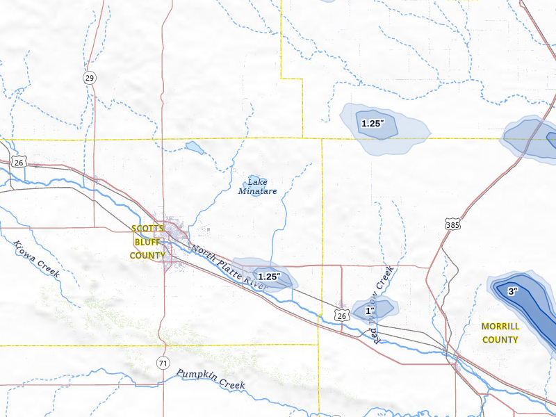 NEXRAD radar-signature map of the hail storm over Minatare, NE on Jul 28, 2026