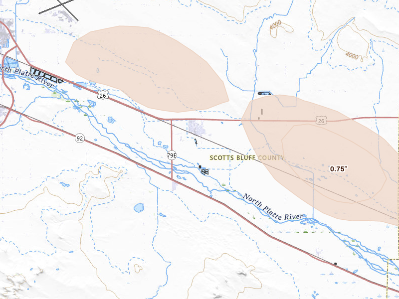 Radar-estimated hail-size map of the storm over Minatare, NE on Aug 9, 2026