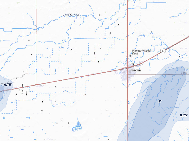 NEXRAD radar-signature map of the hail storm over Minden, NE on May 16, 2026