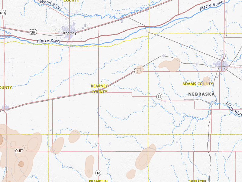 Radar-estimated hail-size map of the storm over Minden, NE on Jun 3, 2026