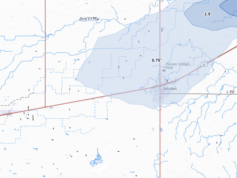 NEXRAD radar-signature map of the hail storm over Minden, NE on Jun 3, 2026