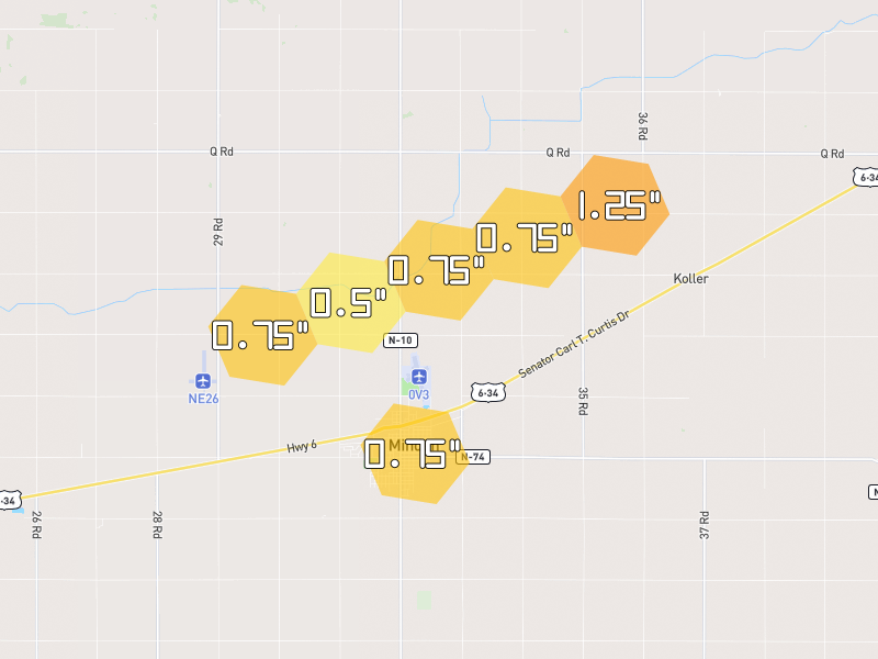 Hail map of Minden, NE on Jun 3, 2026, hail up to 1.25"