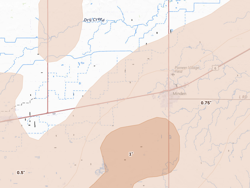 Radar-estimated hail-size map of the storm over Minden, NE on Jun 9, 2026