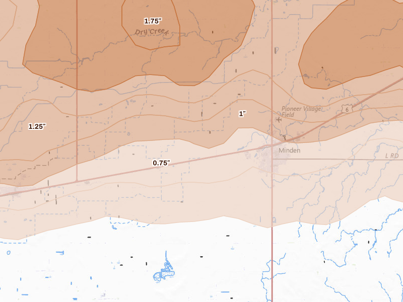 Radar-estimated hail-size map of the storm over Minden, NE on Jun 10, 2026