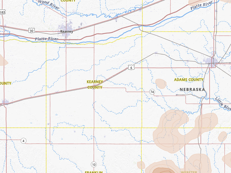 Radar-estimated hail-size map of the storm over Minden, NE on Jul 8, 2026