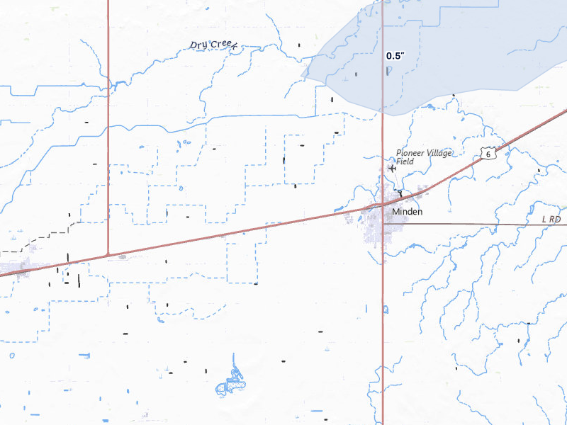 NEXRAD radar-signature map of the hail storm over Minden, NE on Jul 28, 2026
