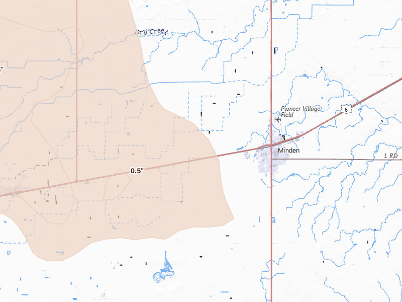 Radar-estimated hail-size map of the storm over Minden, NE on Jul 30, 2026