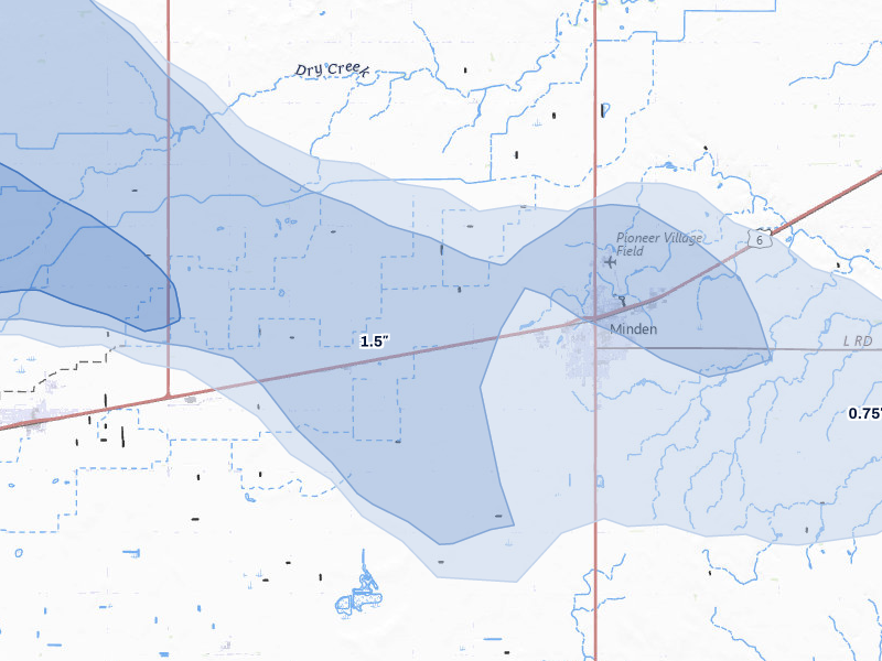 NEXRAD radar-signature map of the hail storm over Minden, NE on Jul 30, 2026