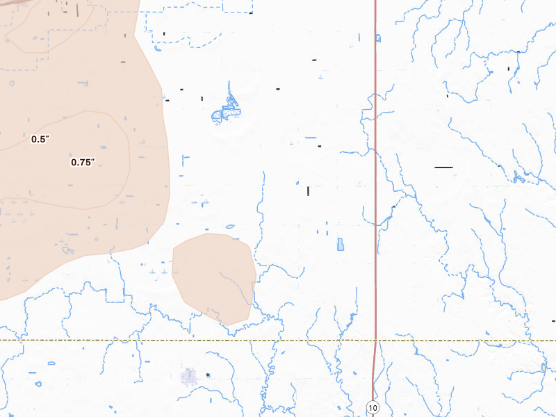 Radar-estimated hail-size map of the storm over Minden, NE on Aug 13, 2026