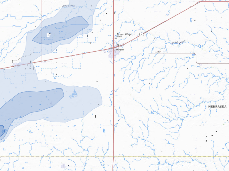 NEXRAD radar-signature map of the hail storm over Minden, NE on Aug 13, 2026