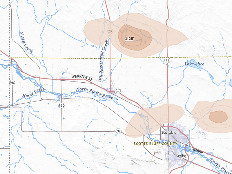 Radar-estimated hail-size map of the storm over Mitchell, NE on May 21, 2026