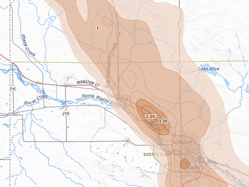 Radar-estimated hail-size map of the storm over Mitchell, NE on Jun 22, 2026