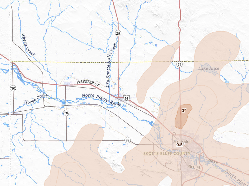Radar-estimated hail-size map of the storm over Mitchell, NE on Jun 26, 2026