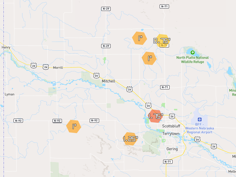 Hail map of Mitchell, NE on Jun 27, 2026, hail up to 1.75"