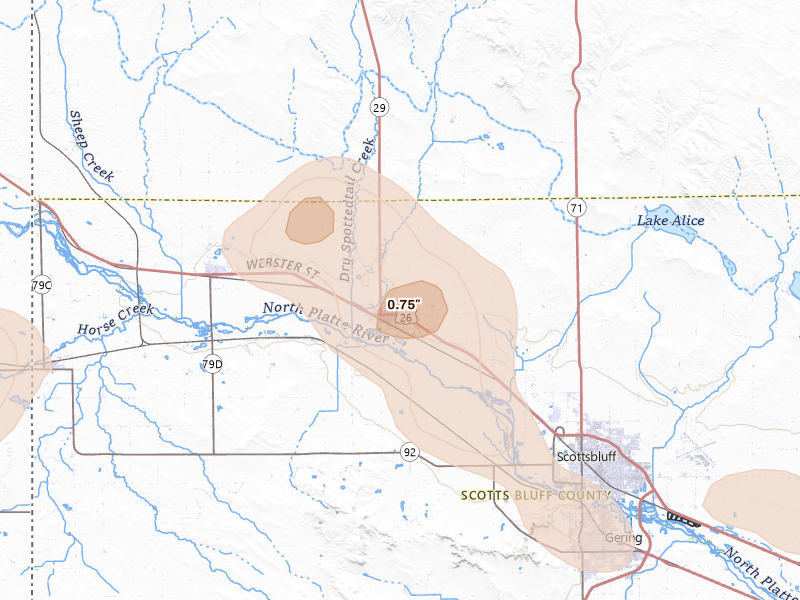 Radar-estimated hail-size map of the storm over Mitchell, NE on Aug 9, 2026