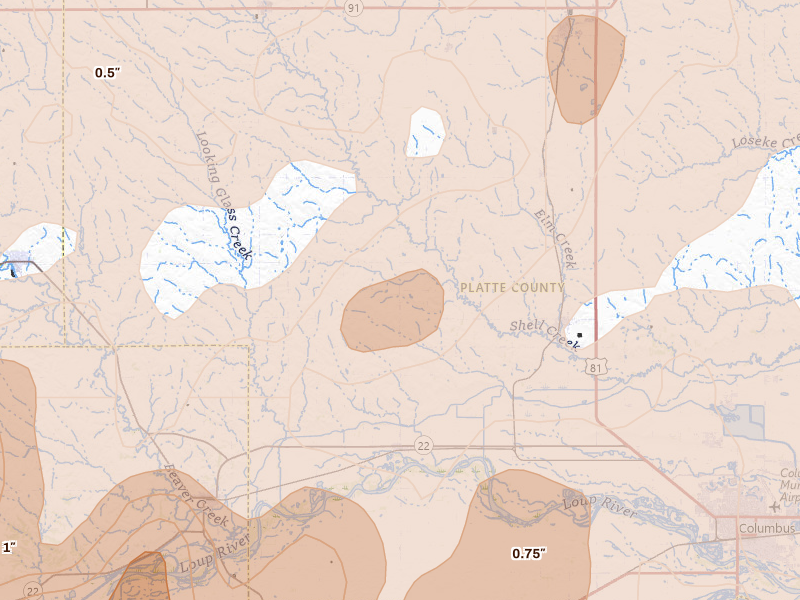 Radar-estimated hail-size map of the storm over Monroe, NE on May 17, 2026