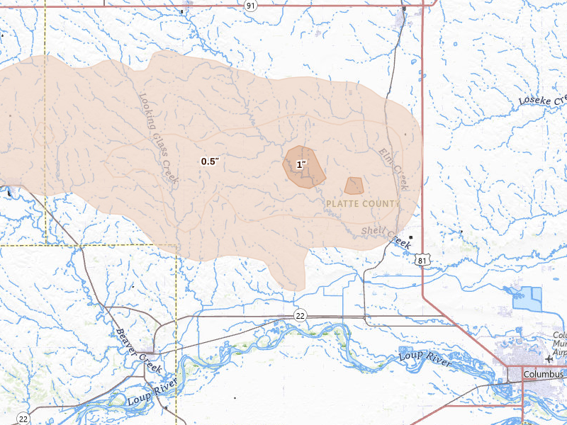 Radar-estimated hail-size map of the storm over Monroe, NE on Jun 12, 2026