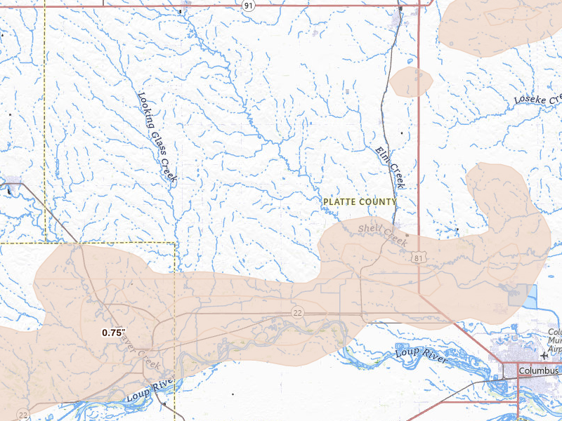 Radar-estimated hail-size map of the storm over Monroe, NE on Jul 8, 2026