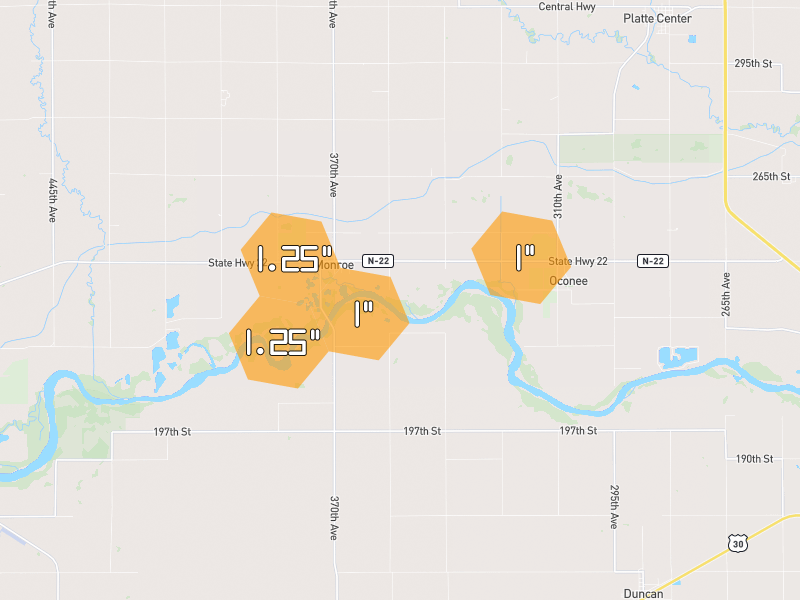 Hail map of Monroe, NE on Jul 8, 2026, hail up to 1.25"