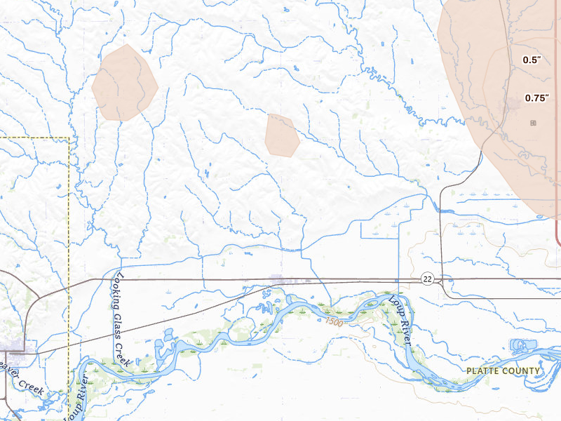 Radar-estimated hail-size map of the storm over Monroe, NE on Aug 8, 2026