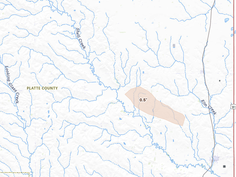 Radar-estimated hail-size map of the storm over Monroe, NE on Aug 24, 2026