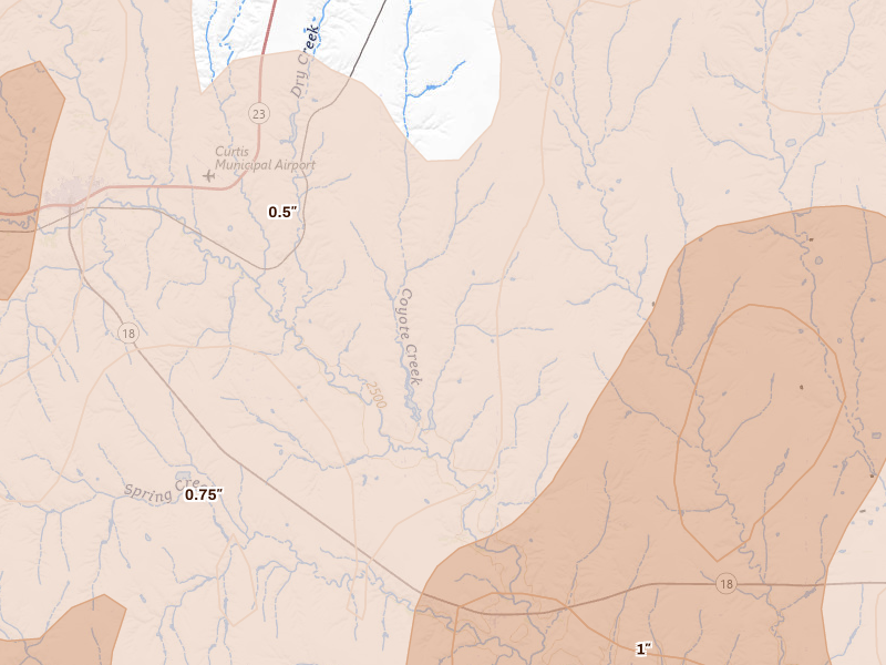 Radar-estimated hail-size map of the storm over Moorefield, NE on Jul 2, 2026