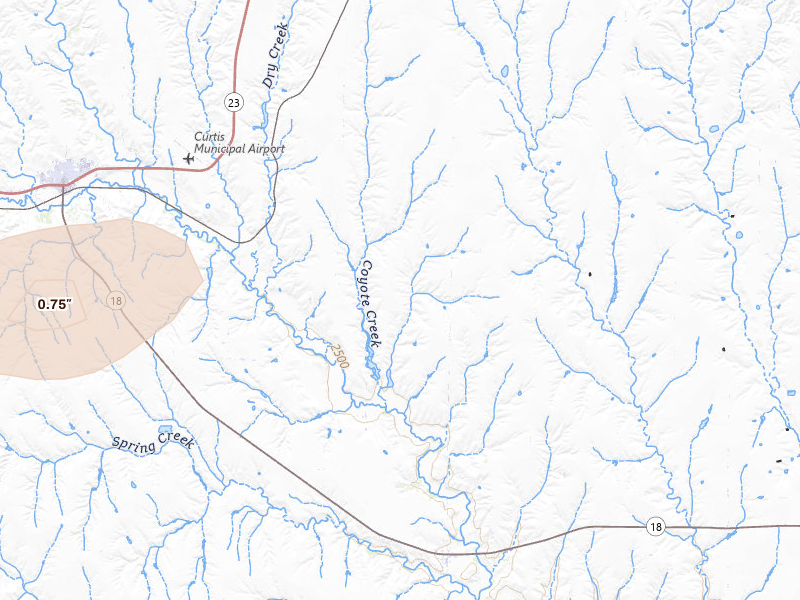 Radar-estimated hail-size map of the storm over Moorefield, NE on Jul 22, 2026