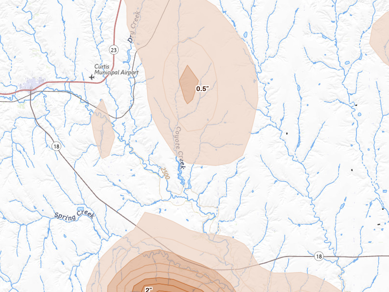 Radar-estimated hail-size map of the storm over Moorefield, NE on Aug 20, 2026