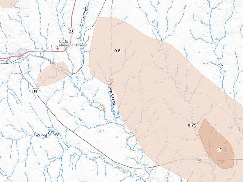 Radar-estimated hail-size map of the storm over Moorefield, NE on Aug 24, 2026