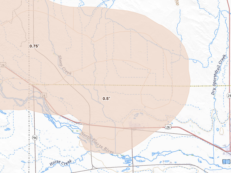 Radar-estimated hail-size map of the storm over Morrill, NE on Jun 1, 2026