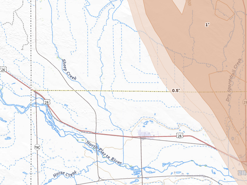 Radar-estimated hail-size map of the storm over Morrill, NE on Jun 22, 2026