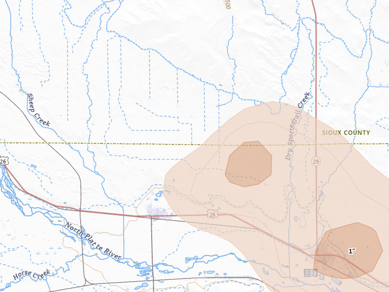 Radar-estimated hail-size map of the storm over Morrill, NE on Aug 9, 2026