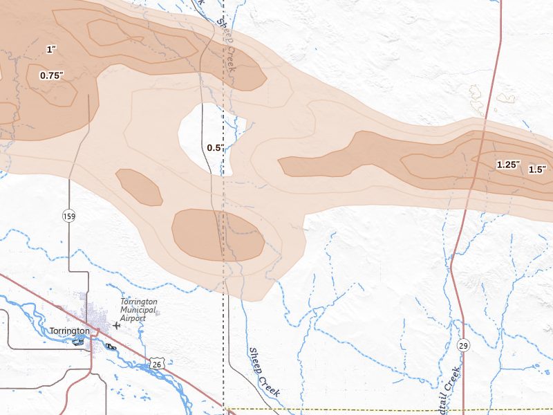 Radar-estimated hail-size map of the storm over Morrill, NE on Aug 21, 2026