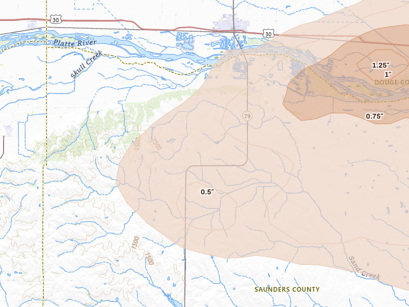 Radar-estimated hail-size map of the storm over Morse Bluff, NE on May 15, 2026