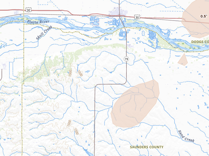 Radar-estimated hail-size map of the storm over Morse Bluff, NE on May 18, 2026