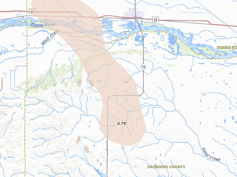 Radar-estimated hail-size map of the storm over Morse Bluff, NE on Jul 4, 2026