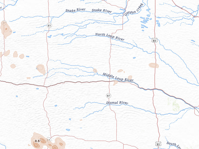 Radar-estimated hail-size map of the storm over Mullen, NE on Jun 21, 2026