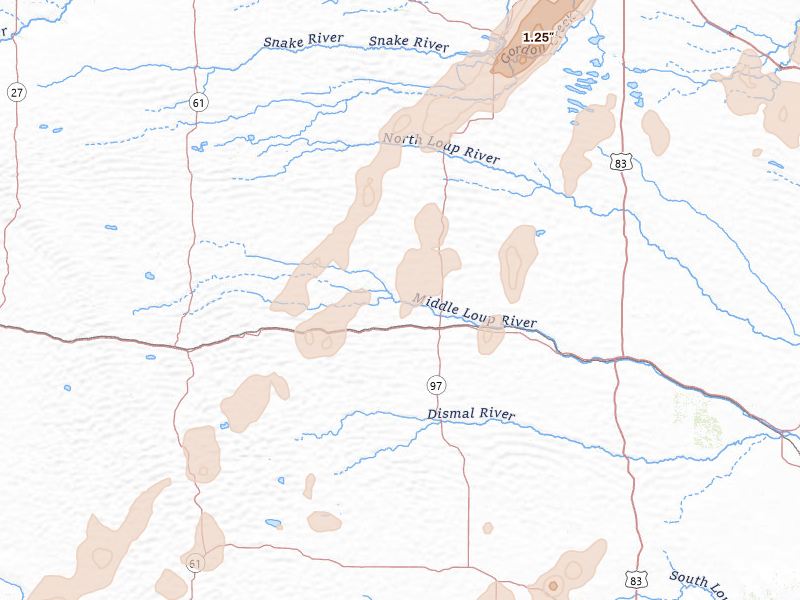 Radar-estimated hail-size map of the storm over Mullen, NE on Jun 30, 2026