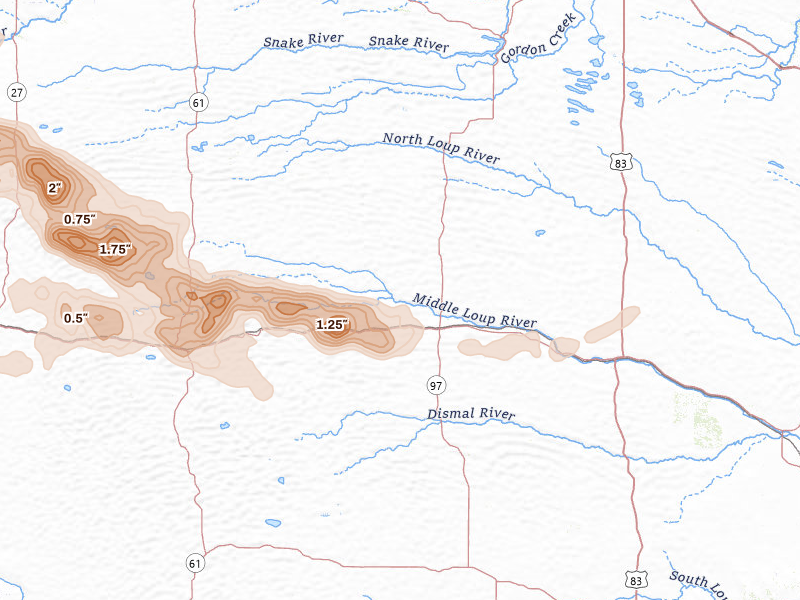 Radar-estimated hail-size map of the storm over Mullen, NE on Jul 3, 2026