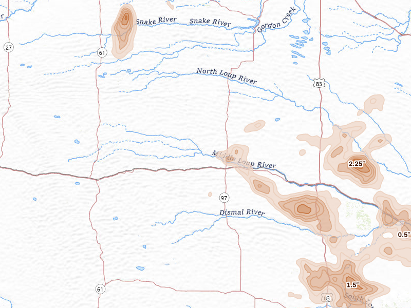 Radar-estimated hail-size map of the storm over Mullen, NE on Jul 4, 2026