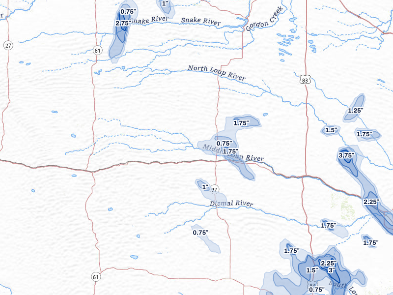 NEXRAD radar-signature map of the hail storm over Mullen, NE on Jul 4, 2026